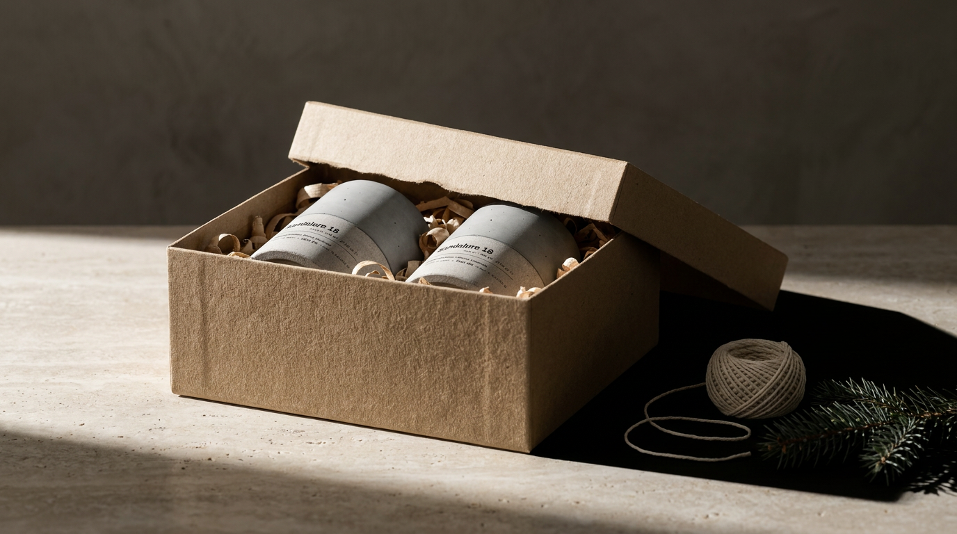 Kraft gift box with the lid ajar, two Stāndle hand-cast concrete candles inside on wood shavings, beside a ball of undyed cotton twine and a fir sprig in low winter light.