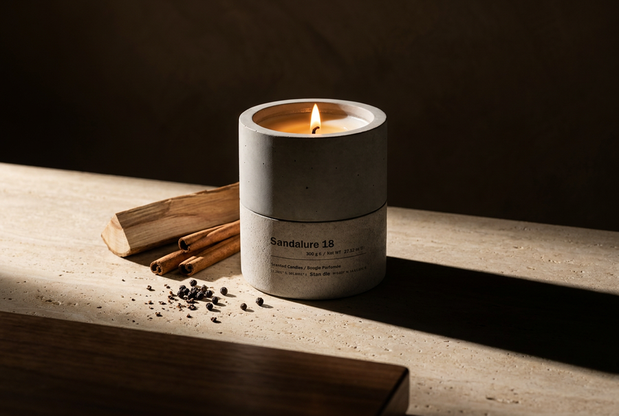 Sandalure 18 hand-cast concrete candle burning on a travertine slab beside a sandalwood block, cinnamon sticks and scattered black peppercorns in low side light — Stāndle.