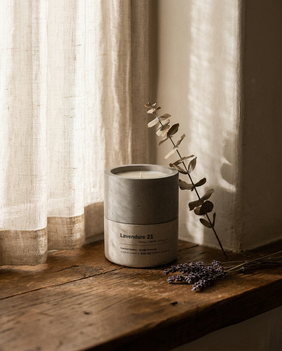 Lavendure 21 concrete lavender soy candle on a wooden windowsill with linen curtain and dried eucalyptus
