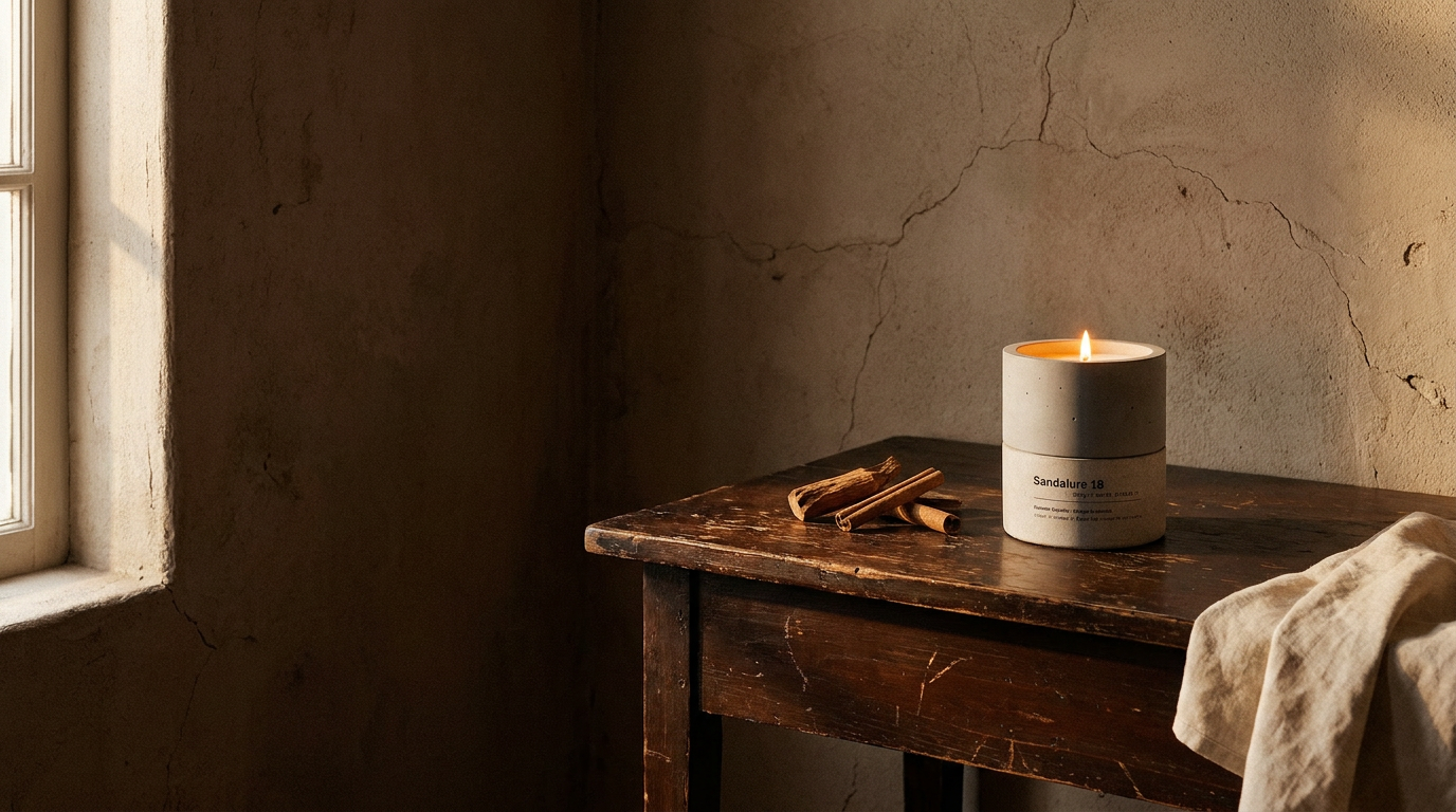 Sandalure 18 sandalwood concrete candle banner — best concrete candle