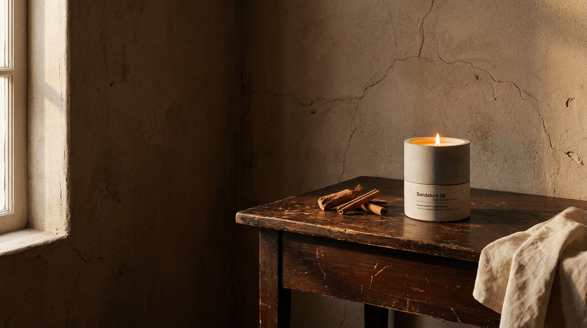 Sandalure 18 sandalwood concrete candle banner — best concrete candle