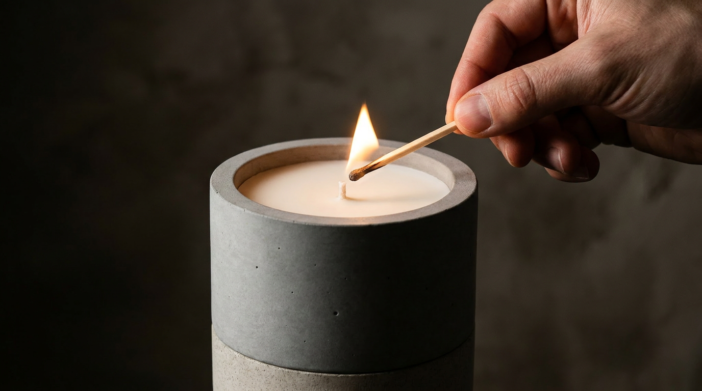 Lighting a brand-new Stāndle concrete candle for the first time with a wooden match, flat unburned wax surface