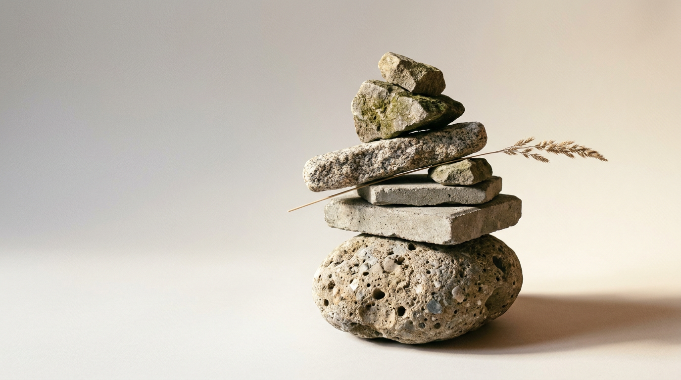 A balanced stone cairn beside Stan dle hand-cast concrete candles on a warm neutral backdrop — choosing a candle as the base of a scent pairing