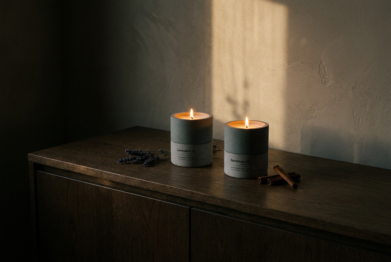 Lavendure 21 and Sandalure 18 both lit on an oak sideboard with lavender and cinnamon — layering candle scents — Stāndle