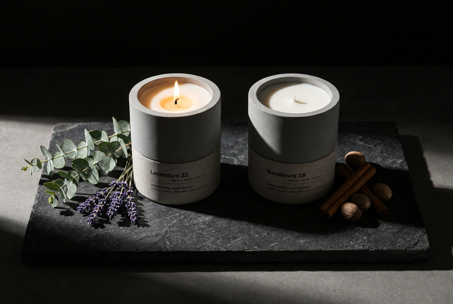 Lavendure 21 and Sandalure 18 concrete candles side by side on dark slate with eucalyptus, lavender, cinnamon and nutmeg — candle scent pairing — Stāndle