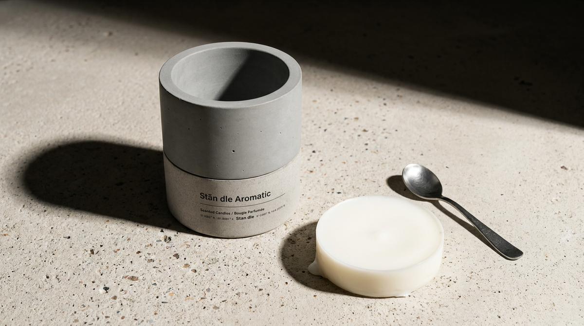 Empty Stāndle concrete candle vessel cleaned out, beside the removed disc of soy wax and a spoon