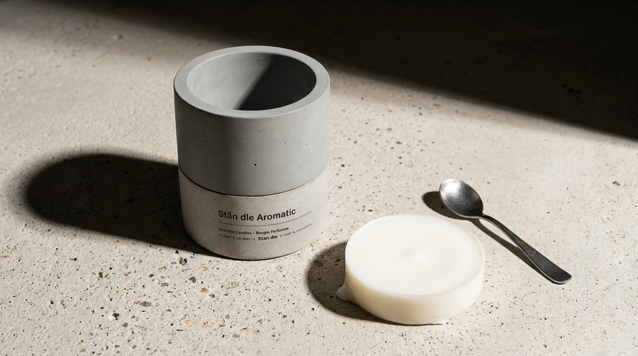 Empty Stāndle concrete candle vessel cleaned out, beside the removed disc of soy wax and a spoon