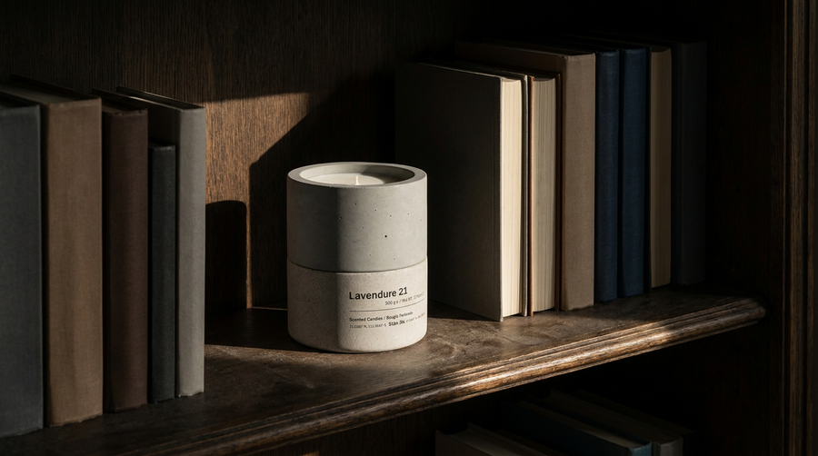 Lavendure 21 concrete candle on a dark wooden bookshelf in a settled home — housewarming gift candle — Stāndle