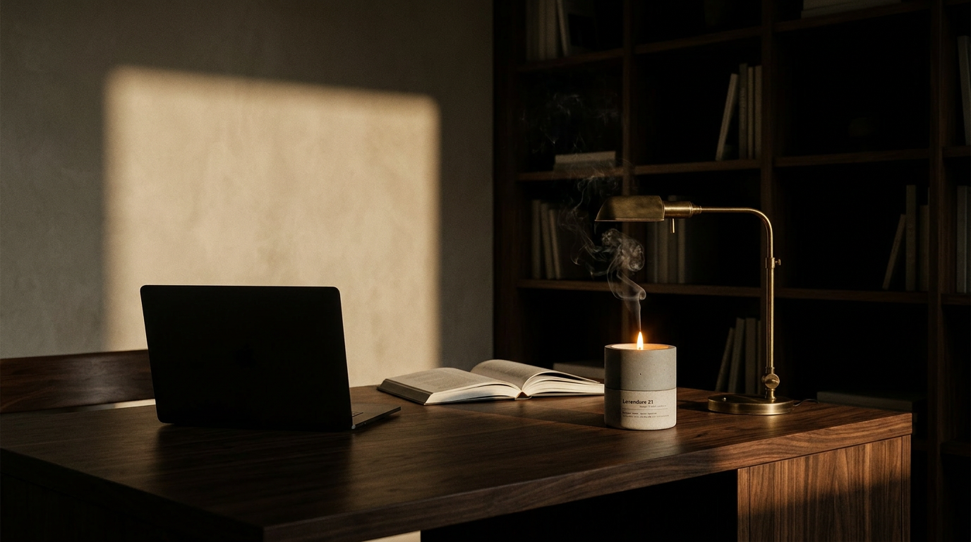 Lavendure 21 concrete candle lit at the side of a dark walnut home office desk at dusk — Stāndle
