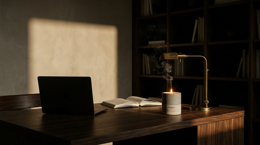 Lavendure 21 concrete candle lit at the side of a dark walnut home office desk at dusk — Stāndle