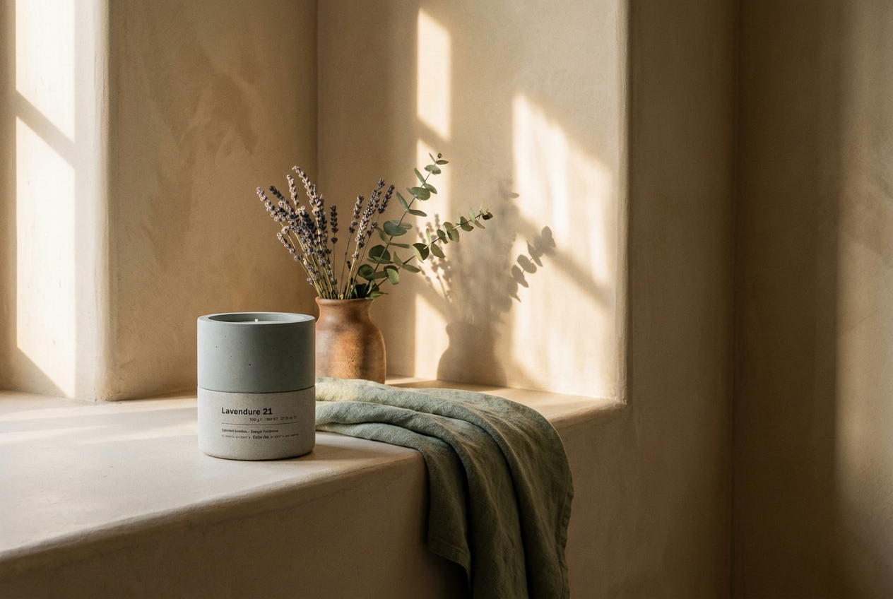 Lavendure 21 concrete candle on a minimalist plaster windowsill with dried lavender, eucalyptus and sage linen — Stāndle