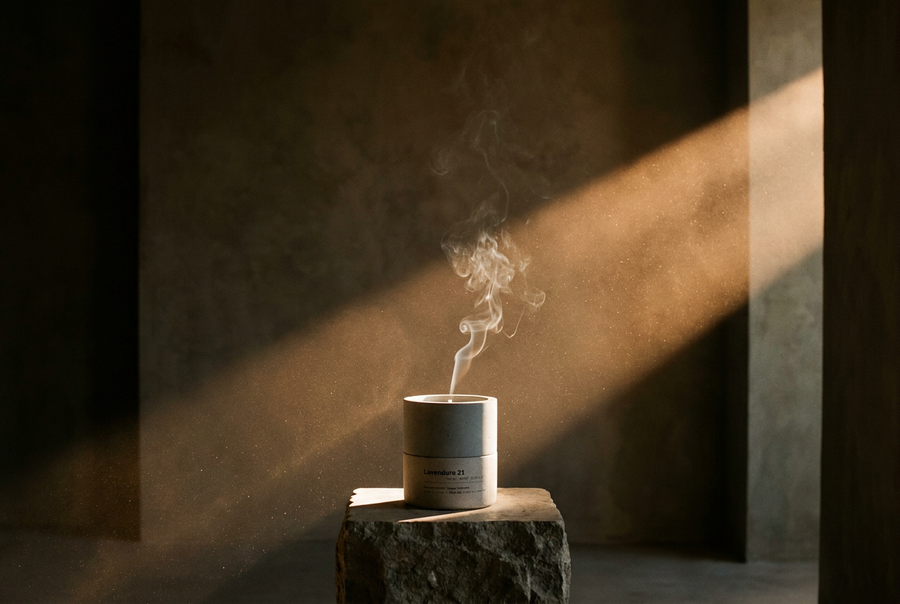 Lavendure 21 concrete candle with a wisp of scented smoke catching a beam of light — candle scent throw — Stāndle
