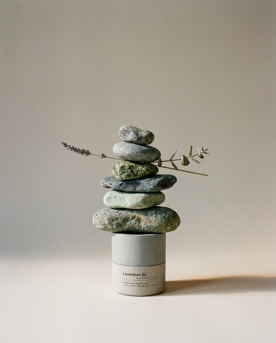 A balanced cairn of grey-green stones topped with the Lavendure 21 hand-cast concrete candle and a threaded dried lavender stem — Stāndle lavender eucalyptus candle