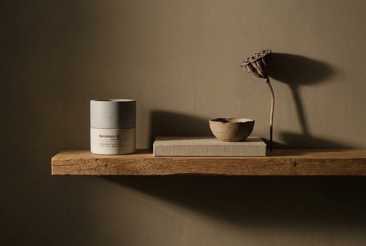 Sandalure 18 concrete candle displayed on an oak shelf among a few chosen objects — a gift for someone who already collects candles — Stāndle