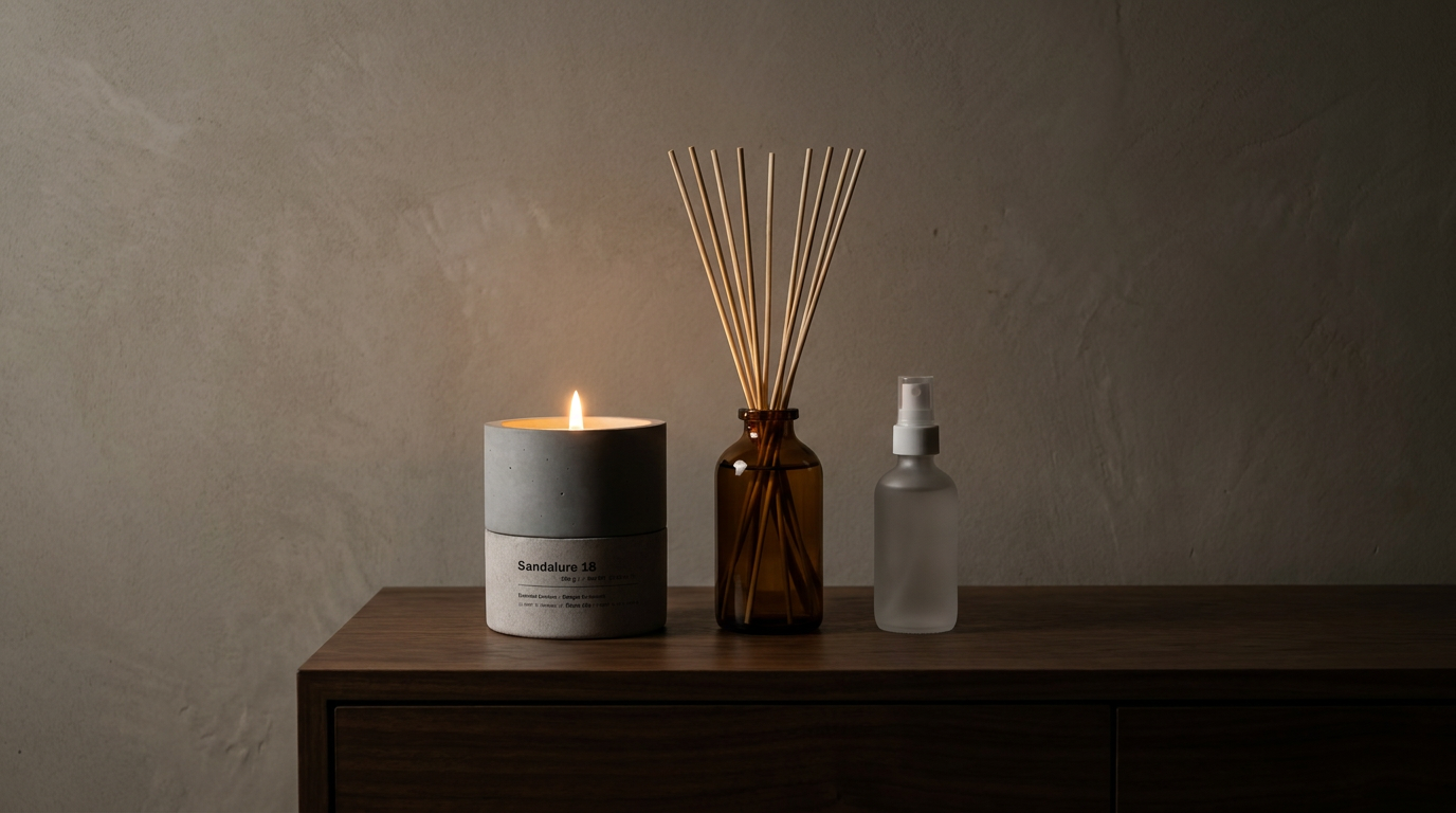 Stāndle concrete candle beside a reed diffuser and a room spray bottle on a dark walnut console — layering home fragrance formats