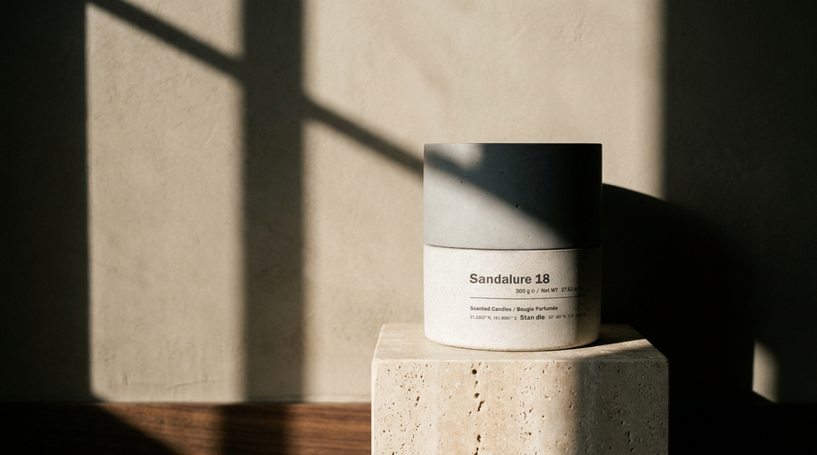 Sandalure 18 concrete candle on a travertine plinth with a hard window-frame shadow across a clay plaster wall — Stāndle