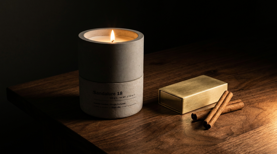 Sandalure 18 concrete candle lit on a dark walnut desk beside a brass matchbox and cinnamon sticks — Stāndle