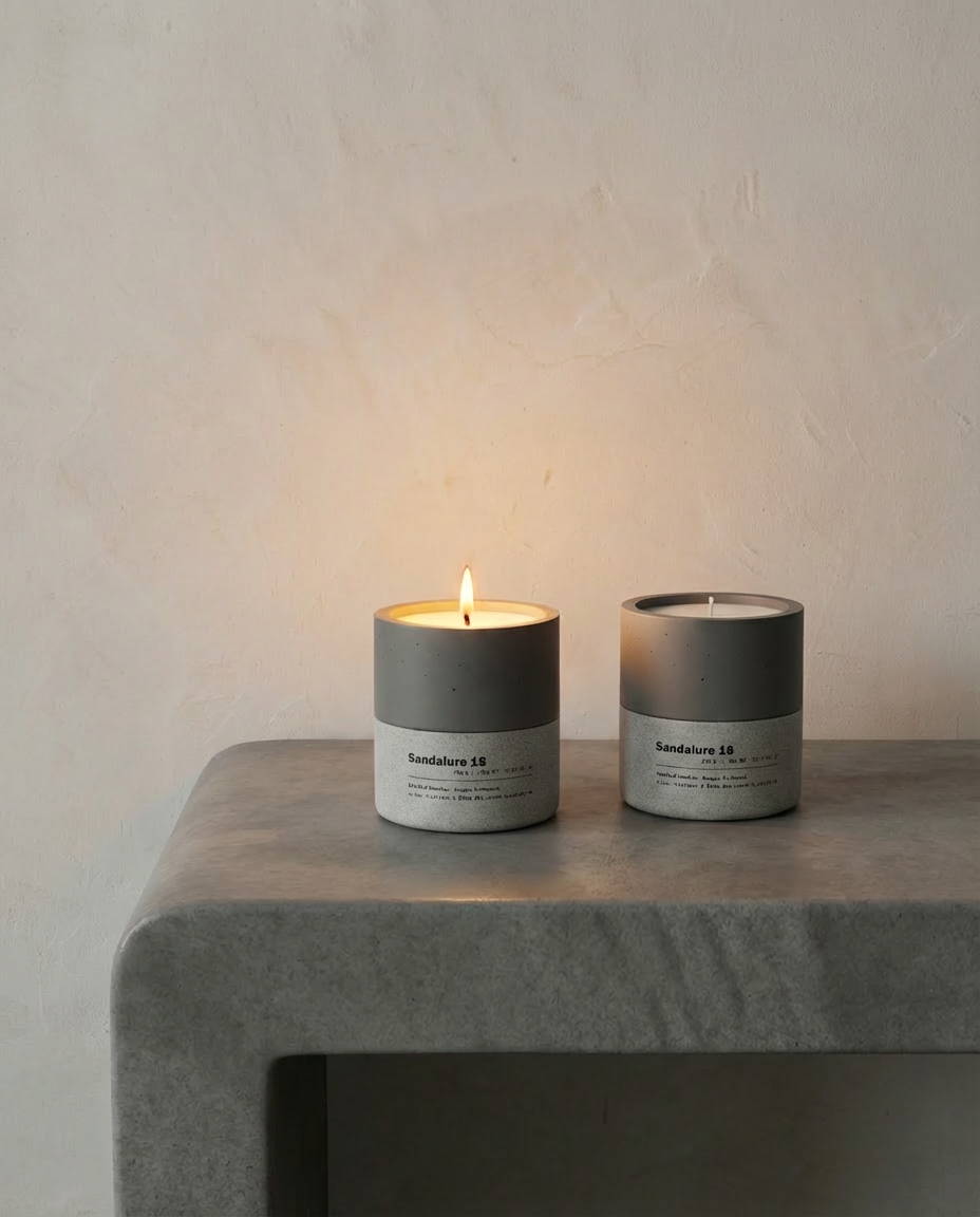 Stān dle Aromatic candle gift set — Lavendure 21 and Sandalure 18 soy candles in dual-tone concrete vessels on concrete surface