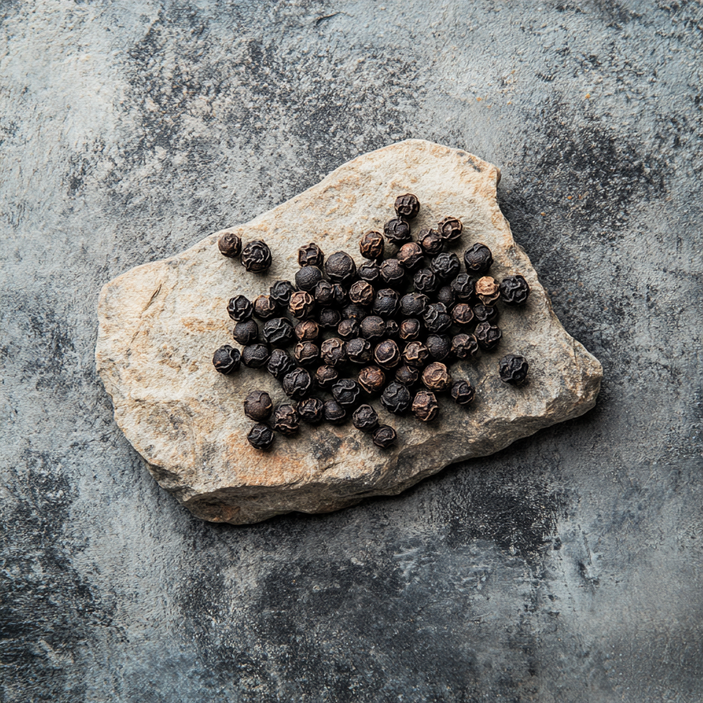 Black peppercorns, one of the natural ingredients in Sandalure 18, contributing to the fragrance's warm and spicy notes