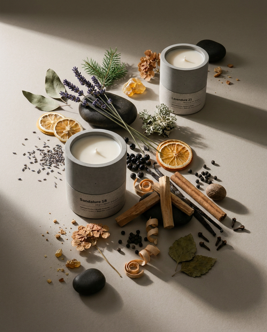 Stāndle Duo — Lavendure 21 and Sandalure 18 concrete soy candles, both lit, surrounded by their scent ingredients: lavender, eucalyptus, fir, citrus, blackcurrant, sandalwood, cinnamon, vanilla and cloves.