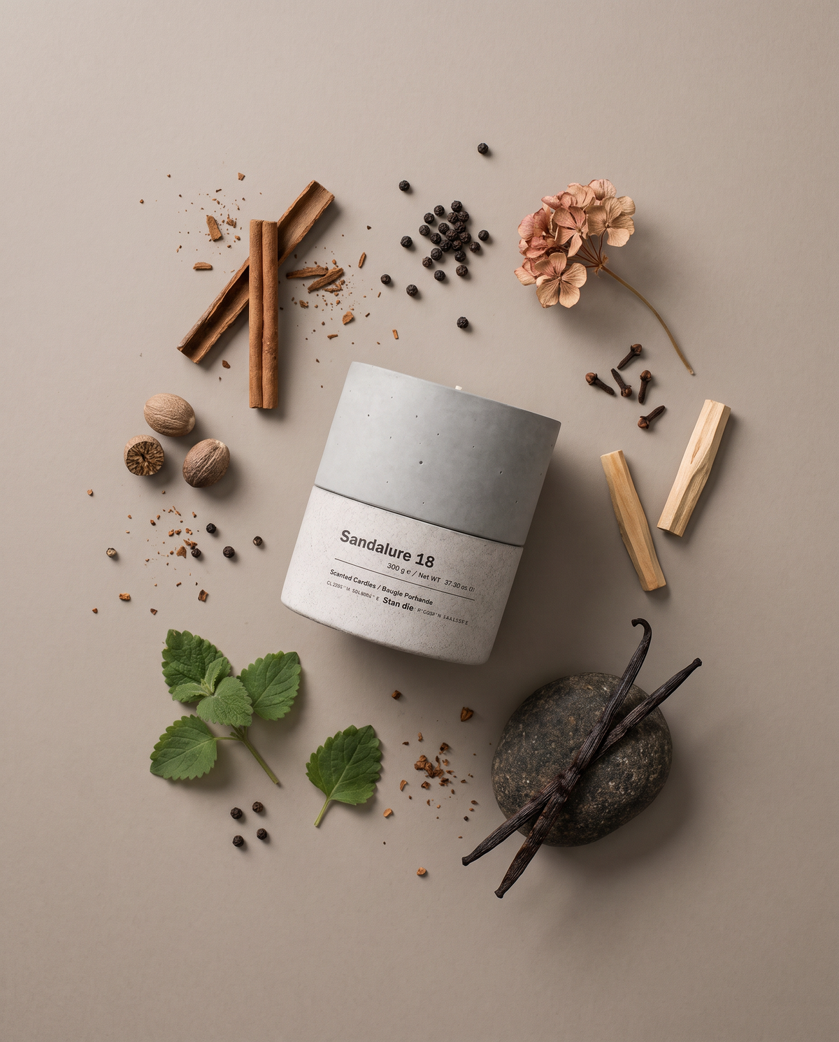 Overhead flatlay of the Sandalure 18 concrete soy candle by Stāndle surrounded by its fragrance materials — cinnamon sticks, whole nutmeg, black peppercorns, clove buds, dried geranium, pale sandalwood, patchouli leaves and split vanilla pods.