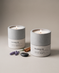 Stāndle Duo gift set — Lavendure 21 and Sandalure 18 concrete soy candles, both lit, with a lavender sprig, a cinnamon stick, and a dark river stone.