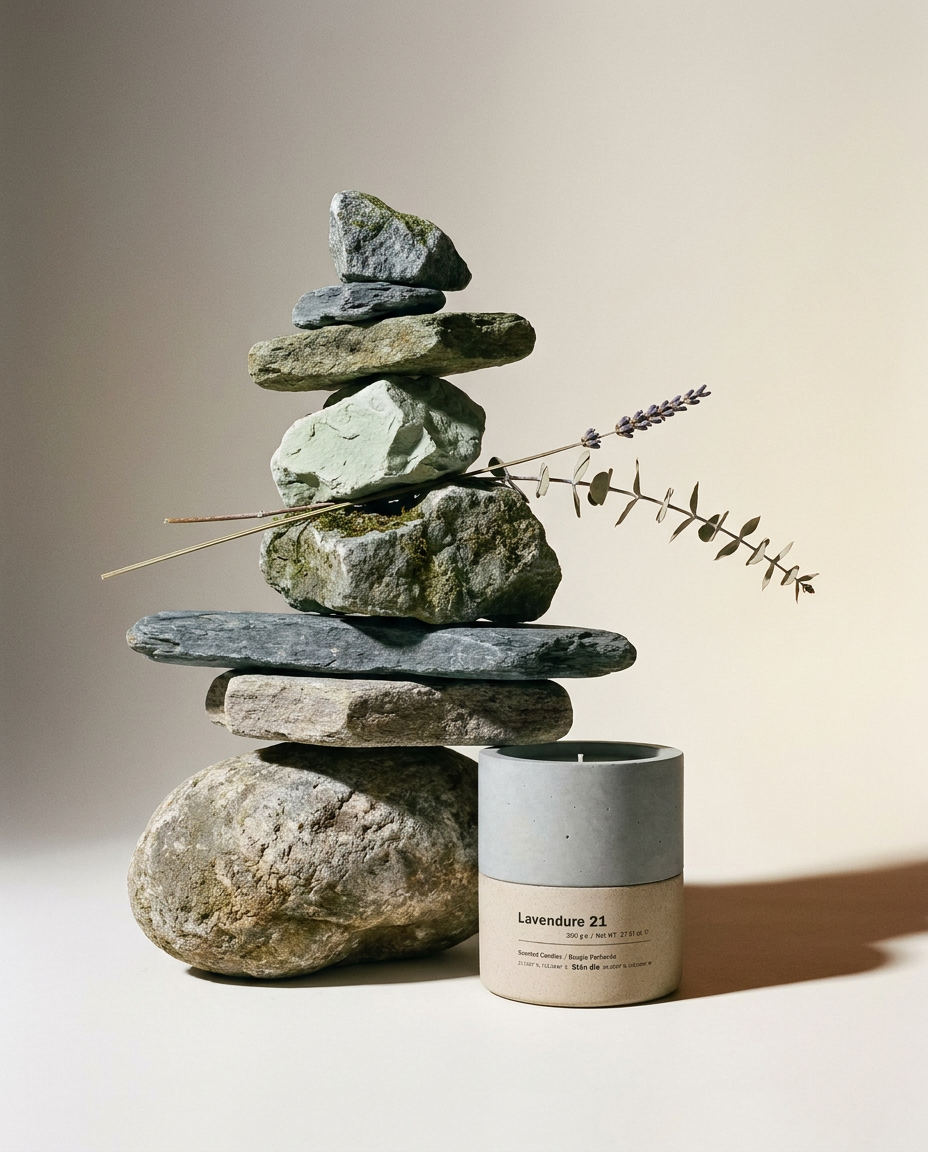 Cool-toned stone cairn with dried lavender and eucalyptus beside the Lavendure 21 hand-cast concrete candle — Stan dle lavender eucalyptus candle