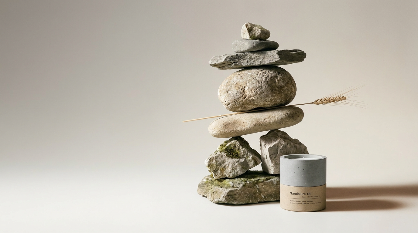 A balanced cairn of weathered stones beside a Stan dle hand-cast concrete candle, a dried wheat stem threaded through, on a warm neutral backdrop — Stan dle concrete soy candles