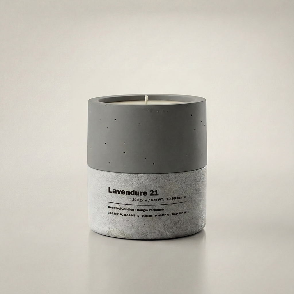 Minimalist grey concrete candle with natural soy wax - Lavender and Lemon scent.