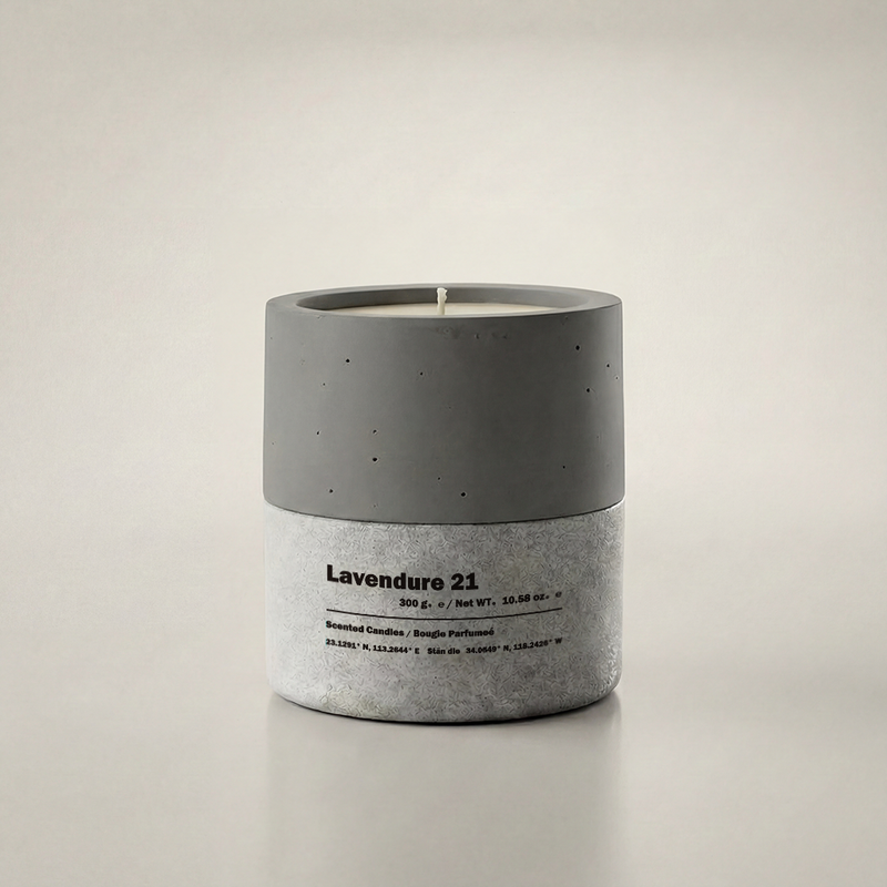 Minimalist grey concrete candle with natural soy wax - Lavender and Lemon scent.