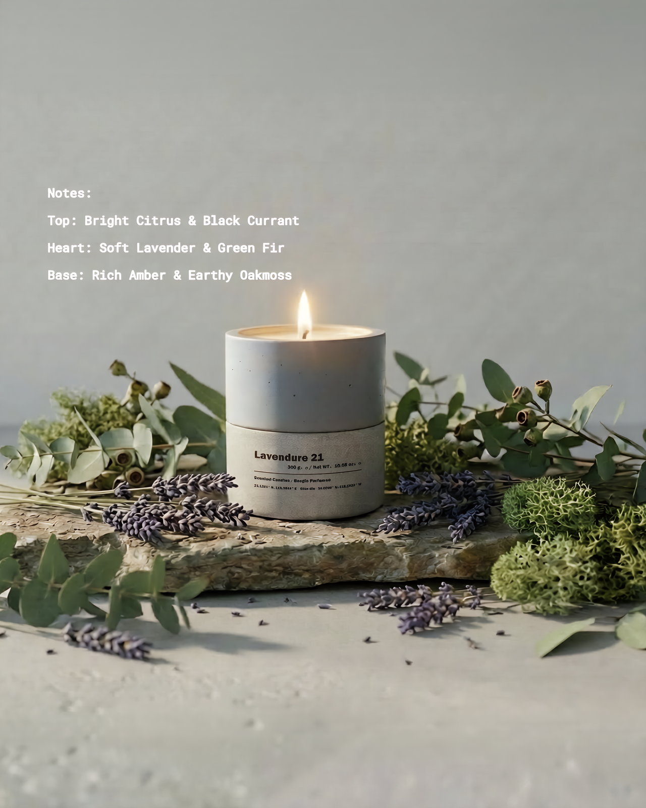 Candle with Eucalyptus, Lavender & Oakmoss on a stone surface