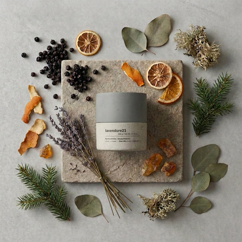 Candle labeled 'lavendure21' surrounded by its Fragrance notes. Eucalyptus, Lavender & Oakmoss on a textured surface