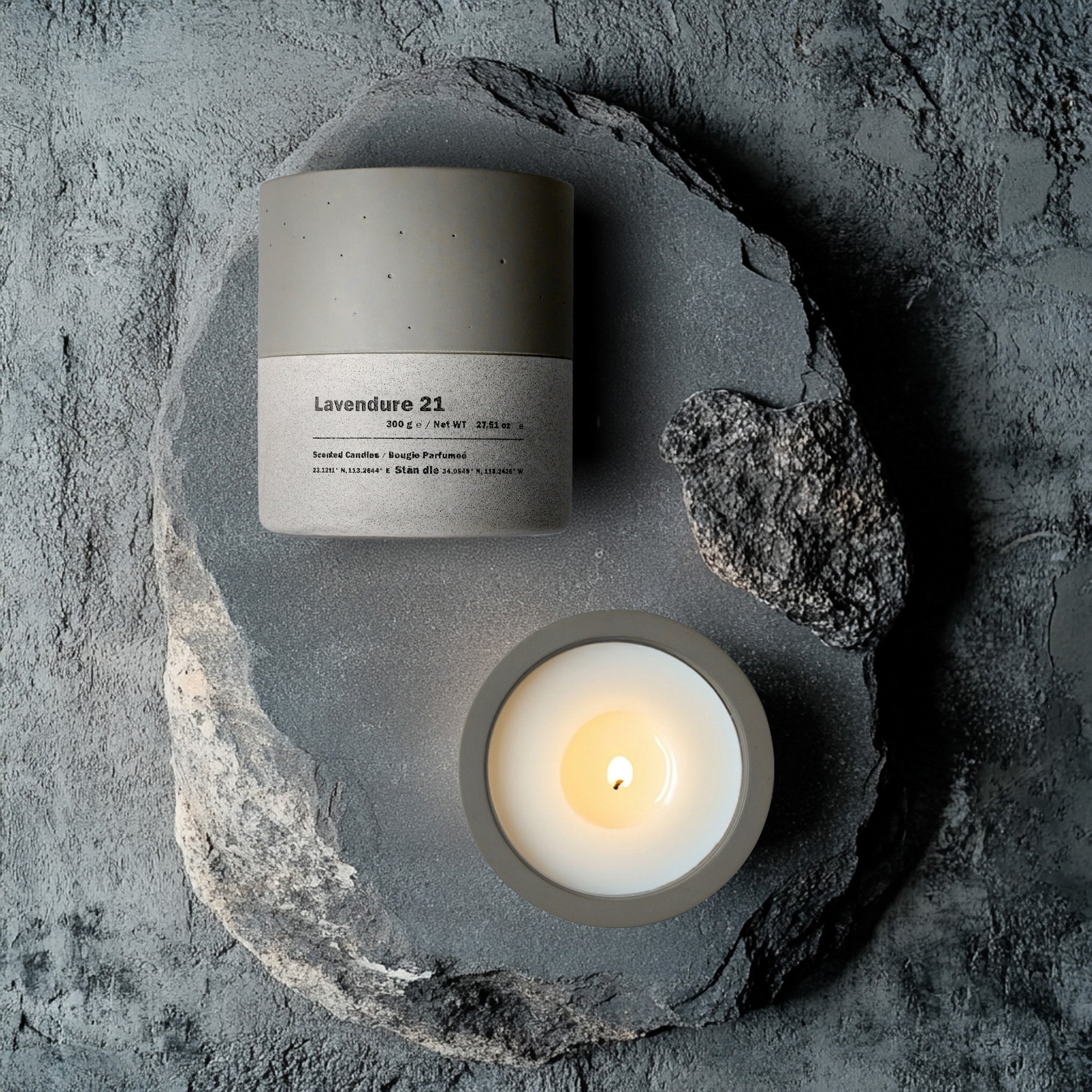 Minimalist concrete candle vessel, showcasing the modern elegance of Lavendure 21.