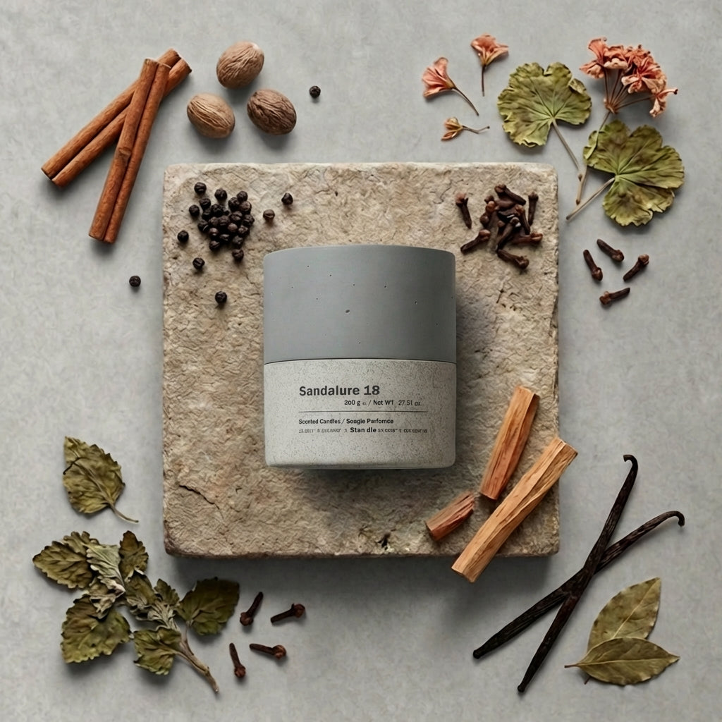Candle labeled 'Sandalure 18' surrounded by cinnamon sticks, nuts, and flowers on a stone surface.