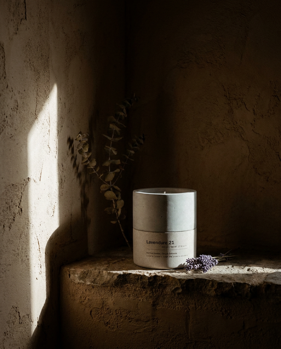 Lavendure 21 lavender eucalyptus soy candle on stone ledge with dramatic side light and dried lavender