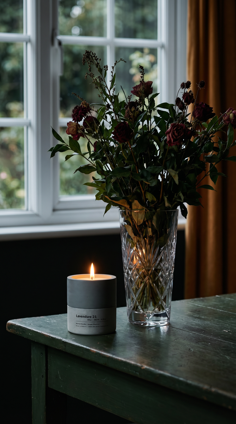Lavendure 21 two-tone concrete candle burning on a dark green wooden table beside a crystal vase of deep red roses and dark foliage, multi-pane window and amber curtain in background