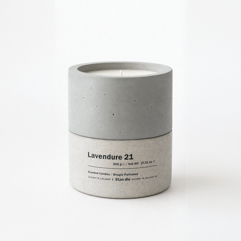 Lavendure 21 dual-tone concrete soy candle unlit white background — Stān dle Aromatic