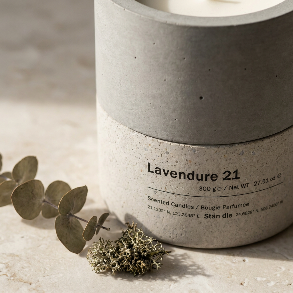 Close-up of Lavendure 21 hand-cast concrete vessel label with eucalyptus