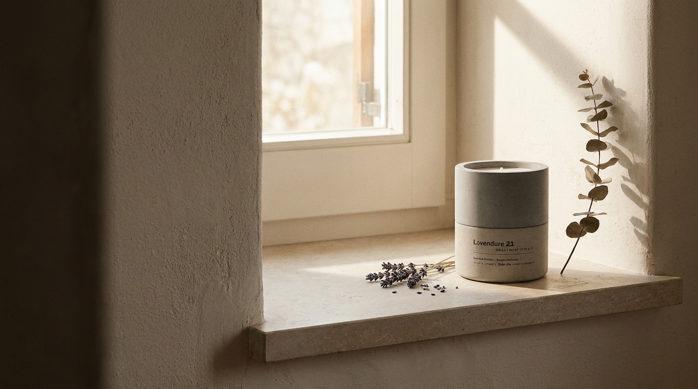 Lavendure 21 lavender and eucalyptus concrete soy candle on stone window sill with dried botanicals
