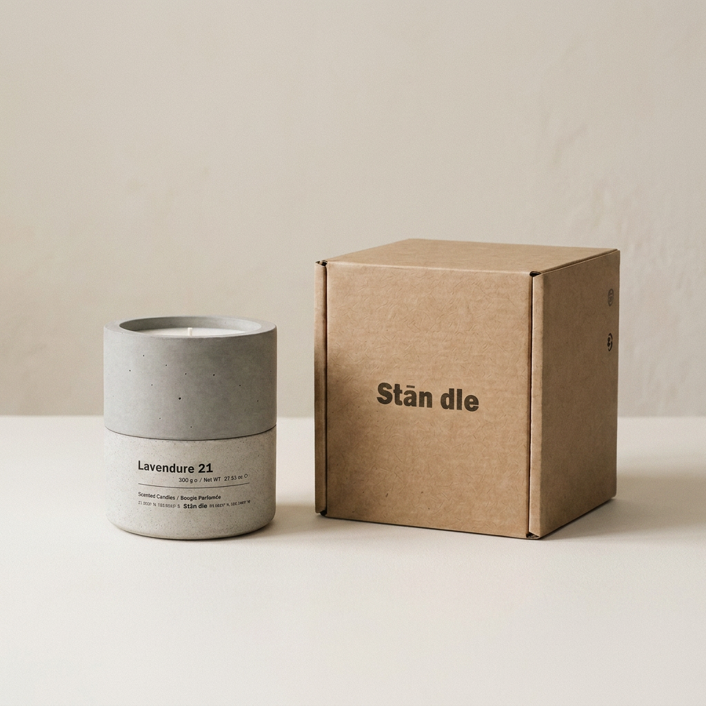 Lavendure 21 lavender soy candle beside Stān dle kraft packaging box