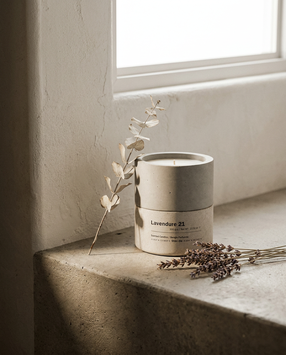 Lavendure 21 lavender soy candle on stone window sill with dried eucalyptus and lavender
