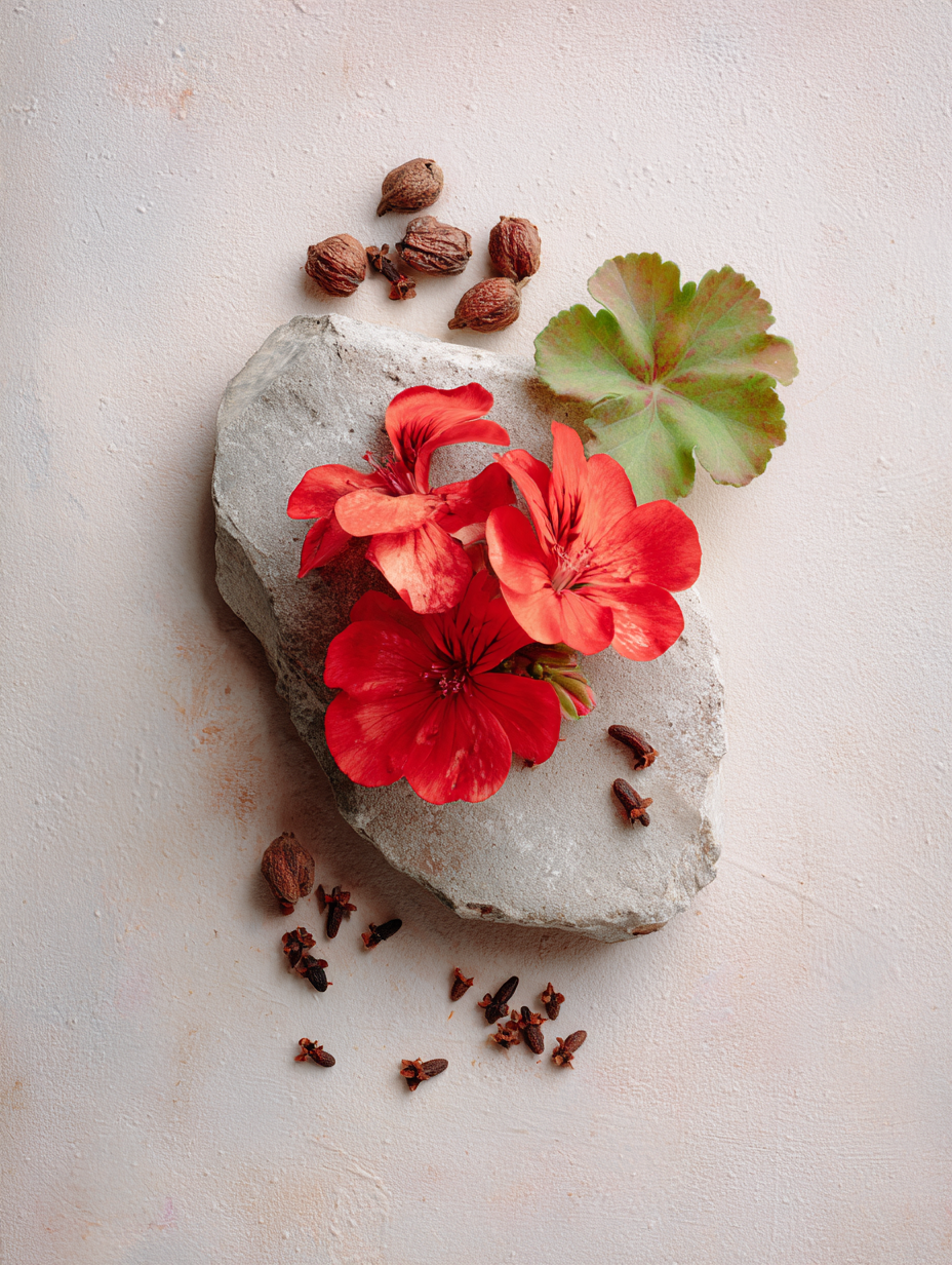 Heart notes composition of the sandalwood aroma Sandalore 18, featuring red geranium and clove, presented in a minimalist style for perfumery and fragrance development.