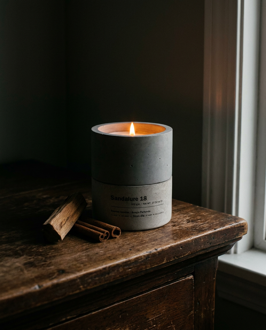 Sandalure 18 sandalwood soy candle burning on aged wooden table by window with cinnamon sticks