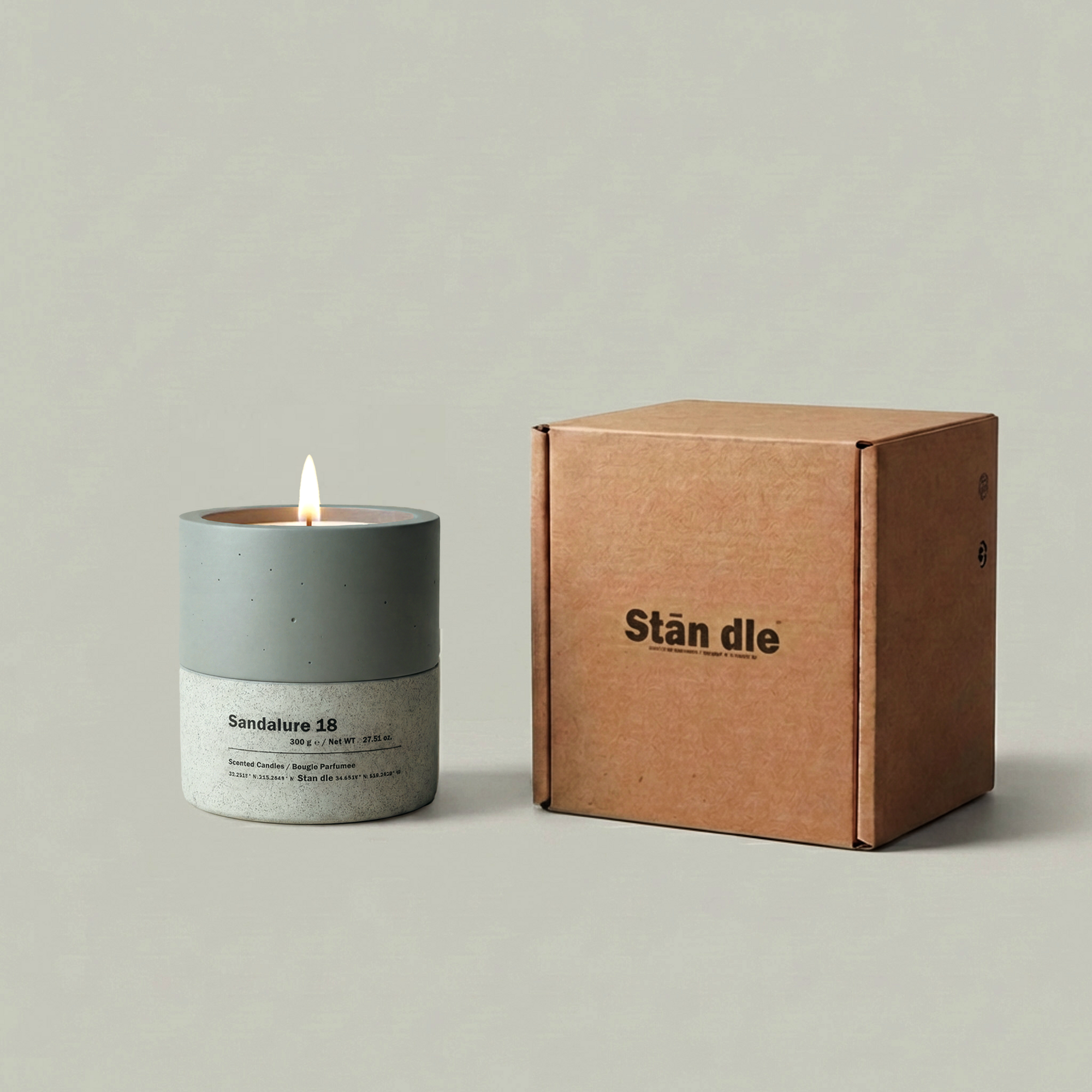 Sandalure 18 concrete candle with kraft paper packaging by Stān dle Aromatic
