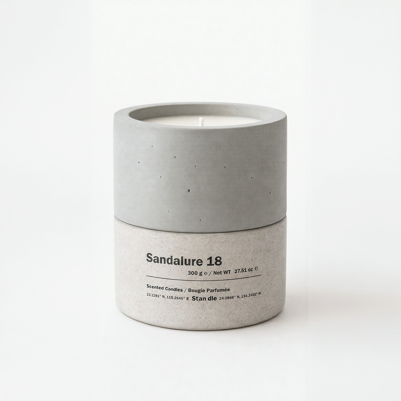 Sandalure 18 dual-tone concrete soy candle unlit white background — Stān dle Aromatic