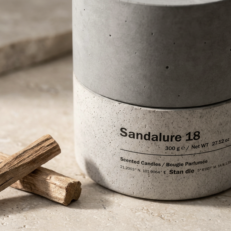 Close-up of Sandalure 18 hand-cast concrete vessel label with sandalwood pieces