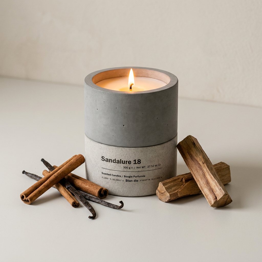 Sandalure 18 concrete candle burning with cinnamon sticks, vanilla pod, and sandalwood fragrance ingredients
