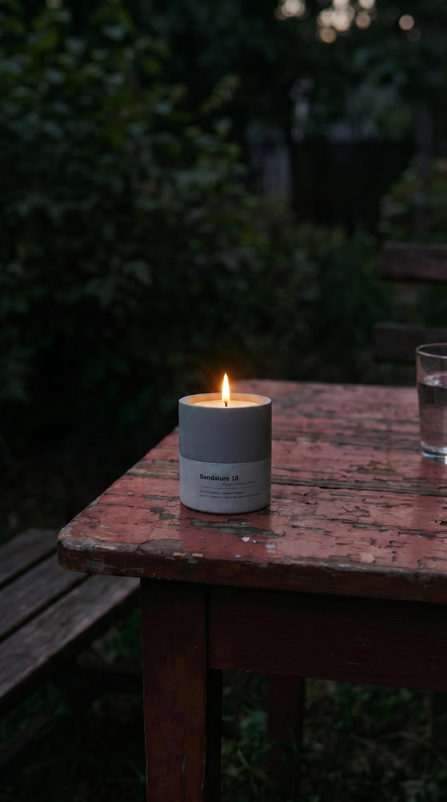 Sandalure 18 concrete candle burning on a weathered red outdoor table at dusk, beside a water glass and dark red grapes on a wooden board, straw hat on chair in foreground