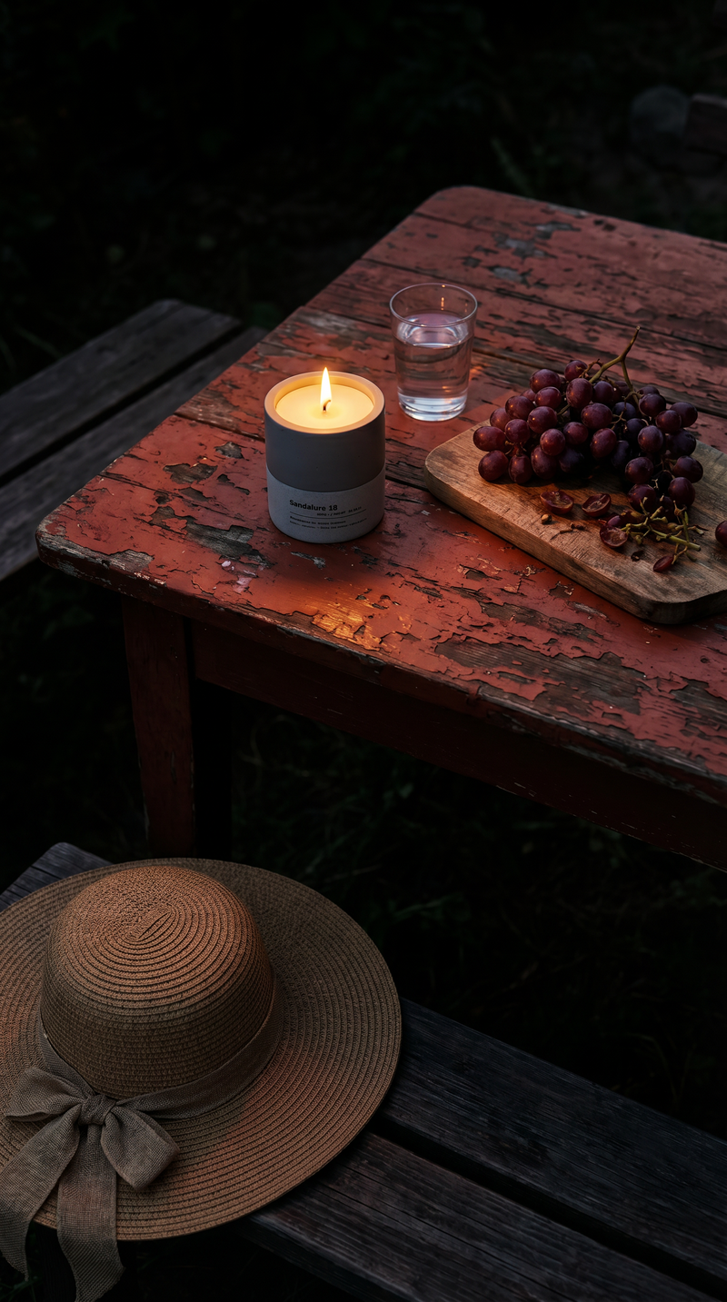 Sandalure 18 concrete candle burning on a weathered red outdoor table at dusk, beside a water glass and dark red grapes on a wooden board, straw hat on chair in foreground