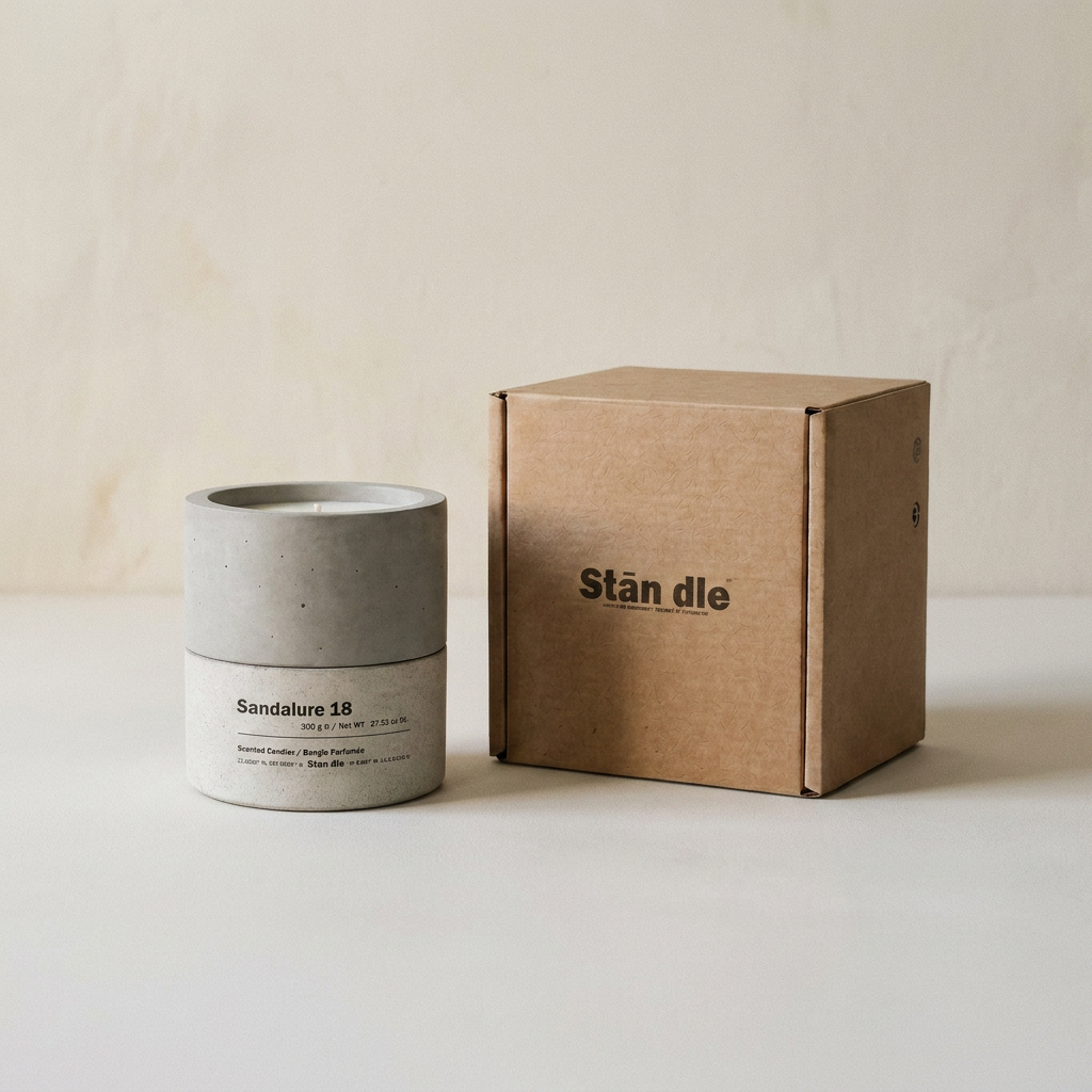 candle-kraft-packaging.pngSandalure 18 sandalwood soy candle beside Stān dle kraft packaging box